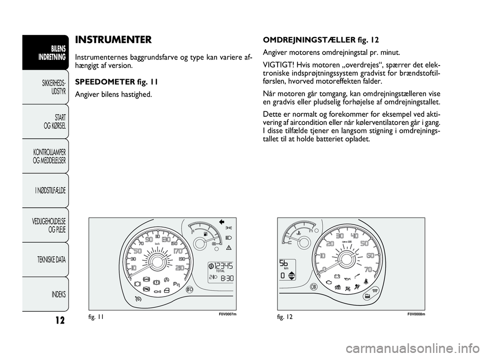 FIAT DOBLO COMBI 2010 Brugs- og vedligeholdelsesvejledning (in Danish) 12
BILENS
INDRETNING
SIKKERHEDS-
UDSTYR
START
OG KØRSEL
KONTROLLAMPER
OG MEDDELELSER
I NØDSTILFÆLDE
VEDLIGEHOLDELSE
OG PLEJE
TEKNISKE DATA
INDEKS
F0V0007mfig. 11F0V0008mfig. 12
OMDREJNINGSTÆLLER f FIAT DOBLO COMBI 2010 Brugs- og vedligeholdelsesvejledning (in Danish) 12
BILENS
INDRETNING
SIKKERHEDS-
UDSTYR
START
OG KØRSEL
KONTROLLAMPER
OG MEDDELELSER
I NØDSTILFÆLDE
VEDLIGEHOLDELSE
OG PLEJE
TEKNISKE DATA
INDEKS
F0V0007mfig. 11F0V0008mfig. 12
OMDREJNINGSTÆLLER f
