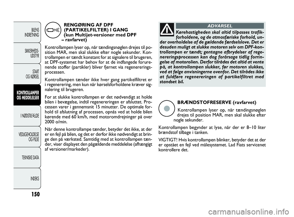 FIAT DOBLO COMBI 2010  Brugs- og vedligeholdelsesvejledning (in Danish) 150
BRÆNDSTOFRESERVE (ravfarvet)
Kontrollampen lyser op, når tændingsnøglen
drejes til position MAR, men skal slukke efter
nogle sekunder.
Kontrollampen begynder at lyse, når der er 8–10 liter
