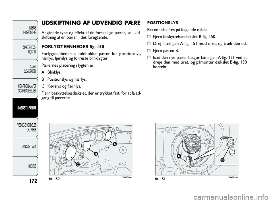 FIAT DOBLO COMBI 2010  Brugs- og vedligeholdelsesvejledning (in Danish) 172
F0V0028mfig. 150F0V0029mfig. 151
UDSKIFTNING AF UDVENDIG PÆRE
Angående type og effekt af de forskellige pærer, se „Ud-
skiftning af en pære“ i det foregående.
FORLYGTEENHEDER fig. 150
For