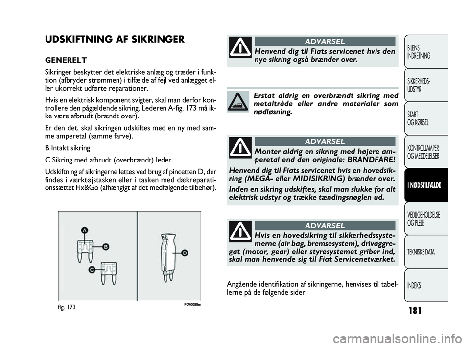 FIAT DOBLO COMBI 2010  Brugs- og vedligeholdelsesvejledning (in Danish) 181
F0V0088mfig. 173
UDSKIFTNING AF SIKRINGER
GENERELT
Sikringer beskytter det elektriske anlæg og træder i funk-
tion (afbryder strømmen) i tilfælde af fejl ved anlægget el-
ler ukorrekt udført