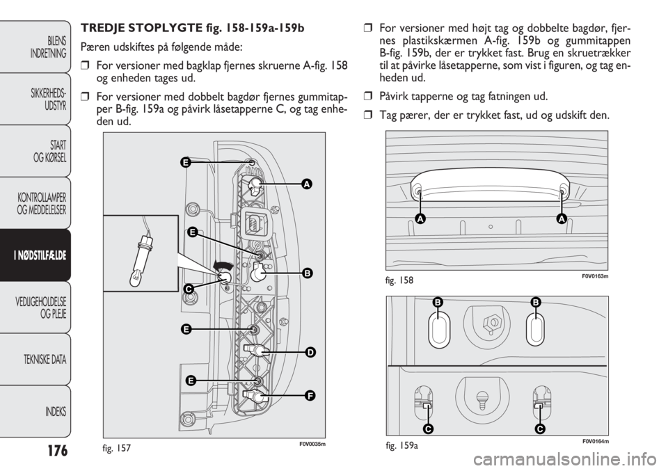 FIAT DOBLO COMBI 2011 Brugs- og vedligeholdelsesvejledning (in Danish) F0V0164mfig. 159a
F0V0163mfig. 158
176
BILENS
INDRETNING
SIKKERHEDS-
UDSTYR
START
OG KØRSEL
KONTROLLAMPER
OG MEDDELELSER
I NØDSTILFÆLDE
VEDLIGEHOLDELSE
OG PLEJE
TEKNISKE DATA
INDEKS
TREDJE STOPLYGT FIAT DOBLO COMBI 2011 Brugs- og vedligeholdelsesvejledning (in Danish) F0V0164mfig. 159a
F0V0163mfig. 158
176
BILENS
INDRETNING
SIKKERHEDS-
UDSTYR
START
OG KØRSEL
KONTROLLAMPER
OG MEDDELELSER
I NØDSTILFÆLDE
VEDLIGEHOLDELSE
OG PLEJE
TEKNISKE DATA
INDEKS
TREDJE STOPLYGT