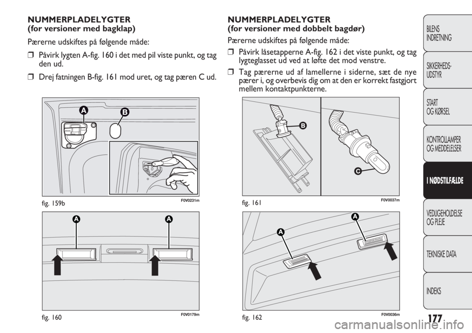 FIAT DOBLO COMBI 2011  Brugs- og vedligeholdelsesvejledning (in Danish) 177
F0V0037mfig. 161
F0V0179mfig. 160
F0V0231mfig. 159b
NUMMERPLADELYGTER 
(for versioner med dobbelt bagdør)
Pærerne udskiftes på følgende måde:
❒Påvirk låsetapperne A-fig. 162 i det viste p