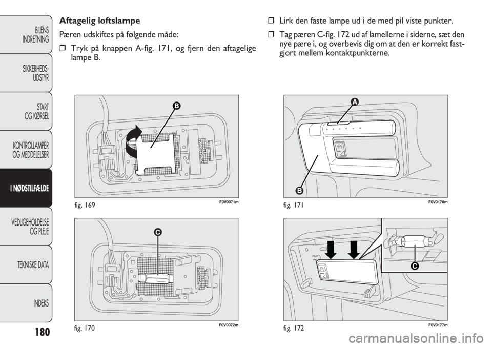 FIAT DOBLO COMBI 2011  Brugs- og vedligeholdelsesvejledning (in Danish) 180
F0V0072mfig. 170


F0V0176mfig. 171
❒Lirk den faste lampe ud i de med pil viste punkter.
❒Tag pæren C-fig. 172 ud af lamellerne i siderne, sæt den
nye pære i, og overbevis dig om at den