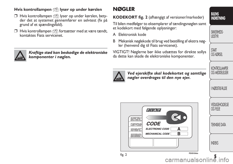 FIAT DOBLO COMBI 2012  Brugs- og vedligeholdelsesvejledning (in Danish) 5
BILENS
INDRETNING
SIKKERHEDS-
UDSTYR
START
OG KØRSEL
KONTROLLAMPER
OG MEDDELELSER
I NØDSTILFÆLDE
VEDLIGEHOLDELSE
OG PLEJE
TEKNISKE DATA
INDEKS
NØGLER
KODEKORT fig. 2(afhængigt af versioner/mark