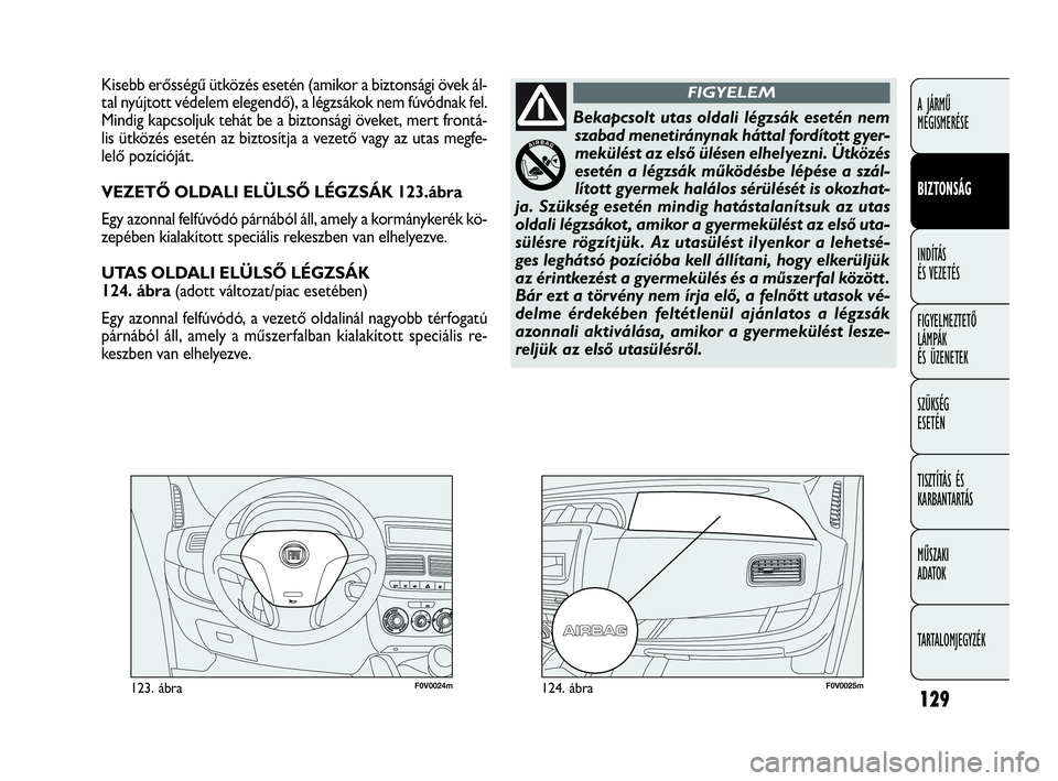 FIAT DOBLO COMBI 2009 Kezelési és karbantartási útmutató (in Hungarian) 129
A JÁRMŰ
MEGISMERÉSE
BIZTONSÁG
INDÍTÁS
ÉS VEZETÉS
FIGYELMEZTETŐ
LÁMPÁK
ÉS ÜZENETEK
SZÜKSÉG
ESETÉN
TISZTÍTÁS ÉS
KARBANTARTÁS
MŰSZAKI
ADATOK
TARTALOMJEGYZÉK
F0V0024m123. á FIAT DOBLO COMBI 2009 Kezelési és karbantartási útmutató (in Hungarian) 129
A JÁRMŰ
MEGISMERÉSE
BIZTONSÁG
INDÍTÁS
ÉS VEZETÉS
FIGYELMEZTETŐ
LÁMPÁK
ÉS ÜZENETEK
SZÜKSÉG
ESETÉN
TISZTÍTÁS ÉS
KARBANTARTÁS
MŰSZAKI
ADATOK
TARTALOMJEGYZÉK
F0V0024m123. á