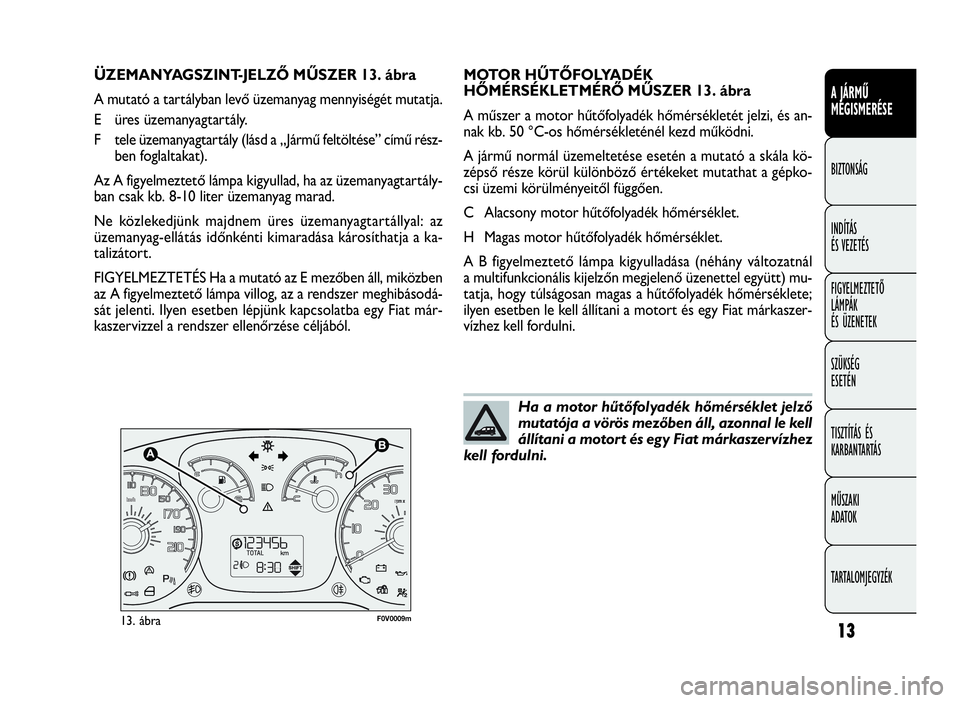 FIAT DOBLO COMBI 2009 Kezelési és karbantartási útmutató (in Hungarian) 13
A JÁRMŰ
MEGISMERÉSE
BIZTONSÁG
INDÍTÁS
ÉS VEZETÉS
FIGYELMEZTETŐ
LÁMPÁK
ÉS ÜZENETEK
SZÜKSÉG
ESETÉN
TISZTÍTÁS ÉS
KARBANTARTÁS
MŰSZAKI
ADATOK
TARTALOMJEGYZÉK
F0V0009m13. ábra
MOT FIAT DOBLO COMBI 2009 Kezelési és karbantartási útmutató (in Hungarian) 13
A JÁRMŰ
MEGISMERÉSE
BIZTONSÁG
INDÍTÁS
ÉS VEZETÉS
FIGYELMEZTETŐ
LÁMPÁK
ÉS ÜZENETEK
SZÜKSÉG
ESETÉN
TISZTÍTÁS ÉS
KARBANTARTÁS
MŰSZAKI
ADATOK
TARTALOMJEGYZÉK
F0V0009m13. ábra
MOT