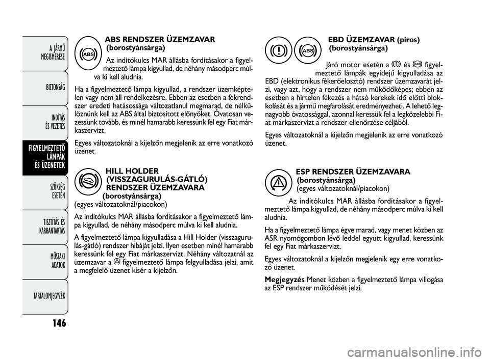 FIAT DOBLO COMBI 2009  Kezelési és karbantartási útmutató (in Hungarian) HILL HOLDER 
(VISSZAGURULÁS-GÁTLÓ) 
RENDSZER ÜZEMZAVARA
(borostyánsárga) 
(egyes változatoknál/piacokon)
Az indítókulcs MAR állásba fordításakor a figyelmeztető lám-
pa kigyullad, de n