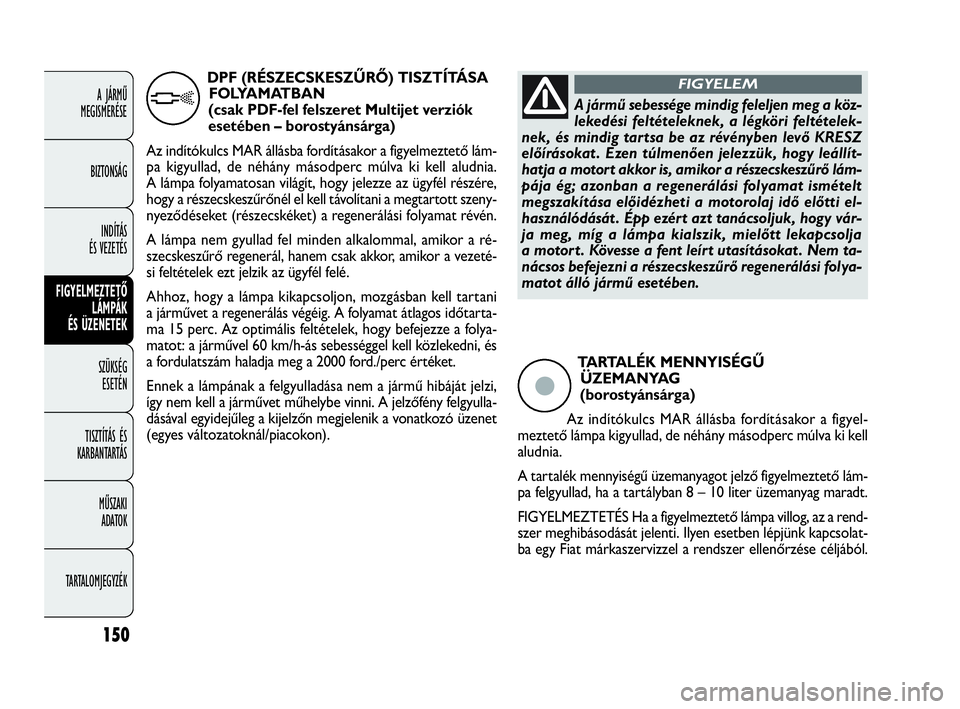 FIAT DOBLO COMBI 2009 Kezelési és karbantartási útmutató (in Hungarian) 150
A JÁRMŰ
MEGISMERÉSE
BIZTONSÁG
INDÍTÁS
ÉS VEZETÉS
FIGYELMEZTETŐ
LÁMPÁK
ÉS ÜZENETEK
SZÜKSÉG
ESETÉN
TISZTÍTÁS ÉS
KARBANTARTÁS
MŰSZAKI
ADATOK
TARTALOMJEGYZÉKTARTALÉK MENNYI FIAT DOBLO COMBI 2009 Kezelési és karbantartási útmutató (in Hungarian) 150
A JÁRMŰ
MEGISMERÉSE
BIZTONSÁG
INDÍTÁS
ÉS VEZETÉS
FIGYELMEZTETŐ
LÁMPÁK
ÉS ÜZENETEK
SZÜKSÉG
ESETÉN
TISZTÍTÁS ÉS
KARBANTARTÁS
MŰSZAKI
ADATOK
TARTALOMJEGYZÉKTARTALÉK MENNYI