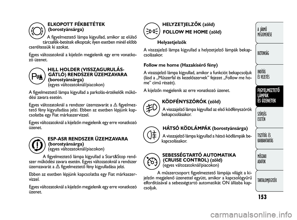 FIAT DOBLO COMBI 2010  Kezelési és karbantartási útmutató (in Hungarian) 153
A JÁRMŰ 
MEGISMERÉSE
BIZTONSÁG
INDÍTÁS 
ÉS VEZETÉS
FIGYELMEZTETŐ
LÁMPÁK 
ÉS ÜZENETEK
SZÜKSÉG 
ESETÉN
TISZTÍTÁS ÉS
KARBANTARTÁS
MŰSZAKI 
ADATOK
TARTALOMJEGYZÉK
ELKOPOTT FÉKBE