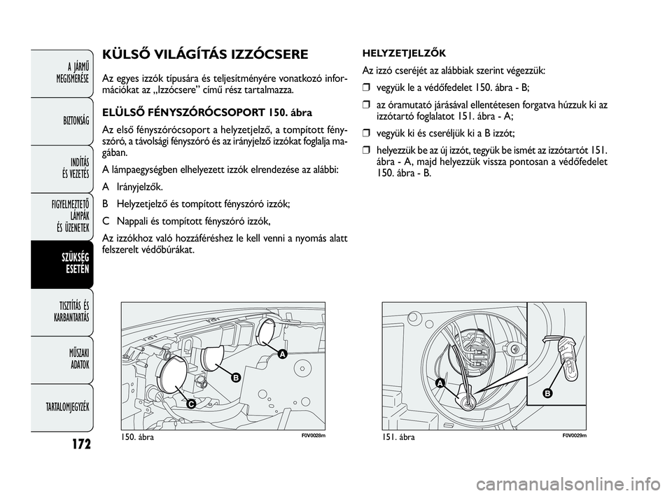 FIAT DOBLO COMBI 2009 Kezelési és karbantartási útmutató (in Hungarian) 172
A JÁRMŰ
MEGISMERÉSE
BIZTONSÁG
INDÍTÁS
ÉS VEZETÉS
FIGYELMEZTETŐ
LÁMPÁK
ÉS ÜZENETEK
SZÜKSÉG
ESETÉN
TISZTÍTÁS ÉS
KARBANTARTÁS
MŰSZAKI
ADATOK
TARTALOMJEGYZÉK
F0V0028m150. á FIAT DOBLO COMBI 2009 Kezelési és karbantartási útmutató (in Hungarian) 172
A JÁRMŰ
MEGISMERÉSE
BIZTONSÁG
INDÍTÁS
ÉS VEZETÉS
FIGYELMEZTETŐ
LÁMPÁK
ÉS ÜZENETEK
SZÜKSÉG
ESETÉN
TISZTÍTÁS ÉS
KARBANTARTÁS
MŰSZAKI
ADATOK
TARTALOMJEGYZÉK
F0V0028m150. á