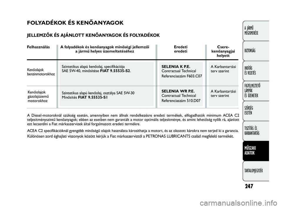 FIAT DOBLO COMBI 2009 Kezelési és karbantartási útmutató (in Hungarian) 247
A JÁRMŰ
MEGISMERÉSE
BIZTONSÁG
INDÍTÁS
ÉS VEZETÉS
FIGYELMEZTETŐ
LÁMPÁK
ÉS ÜZENETEK
SZÜKSÉG
ESETÉN
TISZTÍTÁS ÉS
KARBANTARTÁS
MŰSZAKI
ADATOK
TARTALOMJEGYZÉK
A Diesel-motoro FIAT DOBLO COMBI 2009 Kezelési és karbantartási útmutató (in Hungarian) 247
A JÁRMŰ
MEGISMERÉSE
BIZTONSÁG
INDÍTÁS
ÉS VEZETÉS
FIGYELMEZTETŐ
LÁMPÁK
ÉS ÜZENETEK
SZÜKSÉG
ESETÉN
TISZTÍTÁS ÉS
KARBANTARTÁS
MŰSZAKI
ADATOK
TARTALOMJEGYZÉK
A Diesel-motoro