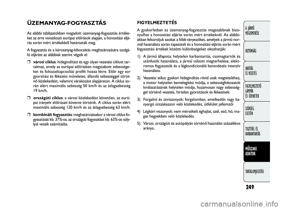 FIAT DOBLO COMBI 2009 Kezelési és karbantartási útmutató (in Hungarian) 249
A JÁRMŰ
MEGISMERÉSE
BIZTONSÁG
INDÍTÁS
ÉS VEZETÉS
FIGYELMEZTETŐ
LÁMPÁK
ÉS ÜZENETEK
SZÜKSÉG
ESETÉN
TISZTÍTÁS ÉS
KARBANTARTÁS
MŰSZAKI
ADATOK
TARTALOMJEGYZÉK
ÜZEMANYAG-FOGY FIAT DOBLO COMBI 2009 Kezelési és karbantartási útmutató (in Hungarian) 249
A JÁRMŰ
MEGISMERÉSE
BIZTONSÁG
INDÍTÁS
ÉS VEZETÉS
FIGYELMEZTETŐ
LÁMPÁK
ÉS ÜZENETEK
SZÜKSÉG
ESETÉN
TISZTÍTÁS ÉS
KARBANTARTÁS
MŰSZAKI
ADATOK
TARTALOMJEGYZÉK
ÜZEMANYAG-FOGY