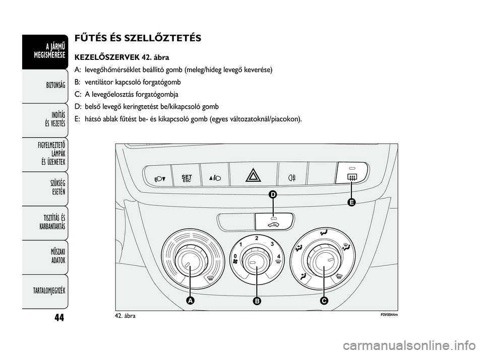 FIAT DOBLO COMBI 2009 Kezelési és karbantartási útmutató (in Hungarian) 44
A JÁRMŰ
MEGISMERÉSE
BIZTONSÁG
INDÍTÁS
ÉS VEZETÉS
FIGYELMEZTETŐ
LÁMPÁK
ÉS ÜZENETEK
SZÜKSÉG
ESETÉN
TISZTÍTÁS ÉS
KARBANTARTÁS
MŰSZAKI
ADATOK
TARTALOMJEGYZÉK
FŰTÉS ÉS SZELLŐZT FIAT DOBLO COMBI 2009 Kezelési és karbantartási útmutató (in Hungarian) 44
A JÁRMŰ
MEGISMERÉSE
BIZTONSÁG
INDÍTÁS
ÉS VEZETÉS
FIGYELMEZTETŐ
LÁMPÁK
ÉS ÜZENETEK
SZÜKSÉG
ESETÉN
TISZTÍTÁS ÉS
KARBANTARTÁS
MŰSZAKI
ADATOK
TARTALOMJEGYZÉK
FŰTÉS ÉS SZELLŐZT