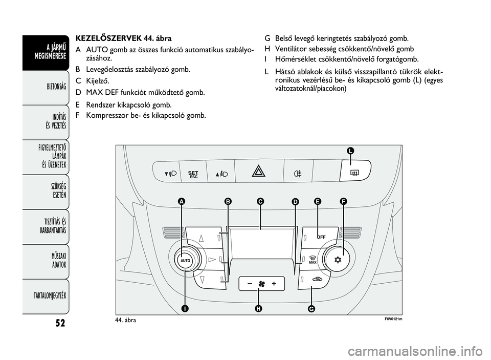 FIAT DOBLO COMBI 2009 Kezelési és karbantartási útmutató (in Hungarian) 52
A JÁRMŰ
MEGISMERÉSE
BIZTONSÁG
INDÍTÁS
ÉS VEZETÉS
FIGYELMEZTETŐ
LÁMPÁK
ÉS ÜZENETEK
SZÜKSÉG
ESETÉN
TISZTÍTÁS ÉS
KARBANTARTÁS
MŰSZAKI
ADATOK
TARTALOMJEGYZÉK
G Belső levegő keri FIAT DOBLO COMBI 2009 Kezelési és karbantartási útmutató (in Hungarian) 52
A JÁRMŰ
MEGISMERÉSE
BIZTONSÁG
INDÍTÁS
ÉS VEZETÉS
FIGYELMEZTETŐ
LÁMPÁK
ÉS ÜZENETEK
SZÜKSÉG
ESETÉN
TISZTÍTÁS ÉS
KARBANTARTÁS
MŰSZAKI
ADATOK
TARTALOMJEGYZÉK
G Belső levegő keri