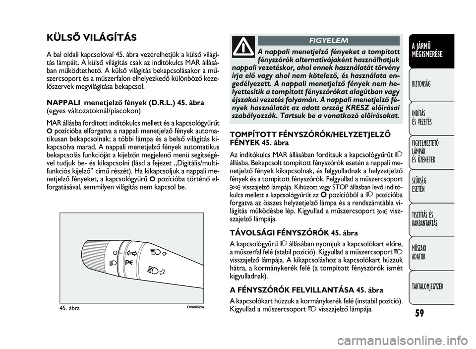 FIAT DOBLO COMBI 2009 Kezelési és karbantartási útmutató (in Hungarian) 59
A JÁRMŰ
MEGISMERÉSE
BIZTONSÁG
INDÍTÁS
ÉS VEZETÉS
FIGYELMEZTETŐ
LÁMPÁK
ÉS ÜZENETEK
SZÜKSÉG
ESETÉN
TISZTÍTÁS ÉS
KARBANTARTÁS
MŰSZAKI
ADATOK
TARTALOMJEGYZÉK
F0V0052m45. ábra
TOM FIAT DOBLO COMBI 2009 Kezelési és karbantartási útmutató (in Hungarian) 59
A JÁRMŰ
MEGISMERÉSE
BIZTONSÁG
INDÍTÁS
ÉS VEZETÉS
FIGYELMEZTETŐ
LÁMPÁK
ÉS ÜZENETEK
SZÜKSÉG
ESETÉN
TISZTÍTÁS ÉS
KARBANTARTÁS
MŰSZAKI
ADATOK
TARTALOMJEGYZÉK
F0V0052m45. ábra
TOM