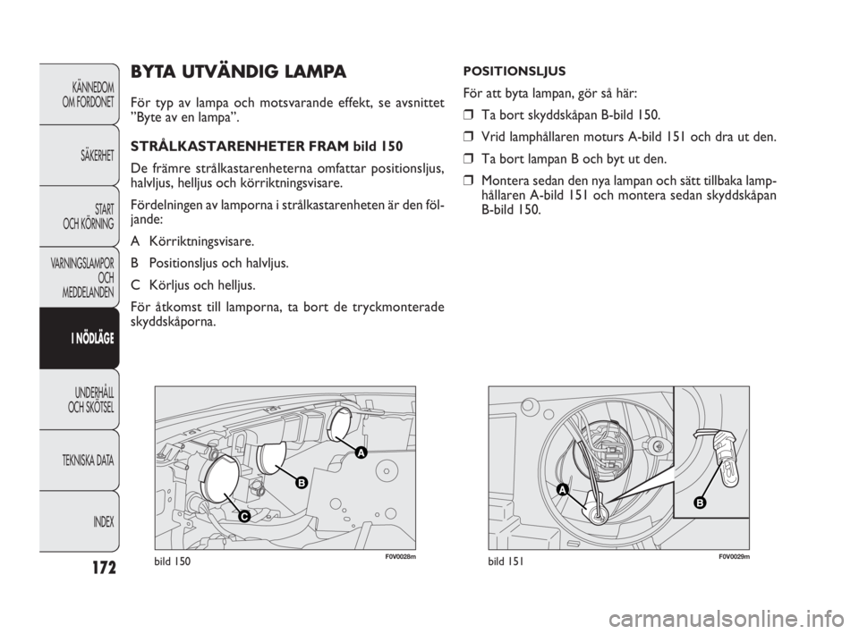 FIAT DOBLO COMBI 2010  Drift- och underhållshandbok (in Swedish) 172
KÄNNEDOM 
OM FORDONET
SÄKERHET
STA R T 
OCH KÖRNING
VARNINGSLAMPOR
OCH 
MEDDELANDEN
I NÖDLÄGE
UNDERHÅLL 
OCH SKÖTSEL
TEKNISKA DATA
INDEX
F0V0028mbild 150F0V0029mbild 151
BYTA UTVÄNDIG LAMP