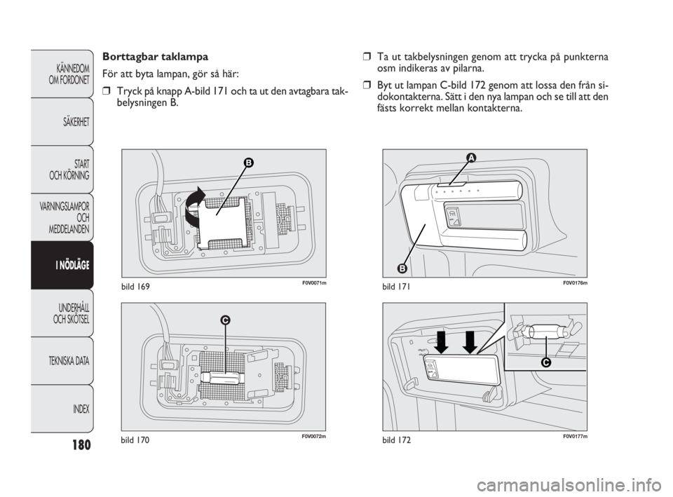 FIAT DOBLO COMBI 2010  Drift- och underhållshandbok (in Swedish) 180
KÄNNEDOM 
OM FORDONET
SÄKERHET
STA R T 
OCH KÖRNING
VARNINGSLAMPOR
OCH 
MEDDELANDEN
I NÖDLÄGE
UNDERHÅLL 
OCH SKÖTSEL
TEKNISKA DATA
INDEX
F0V0072mbild 170F0V0177mbild 172


F0V0176mbild 