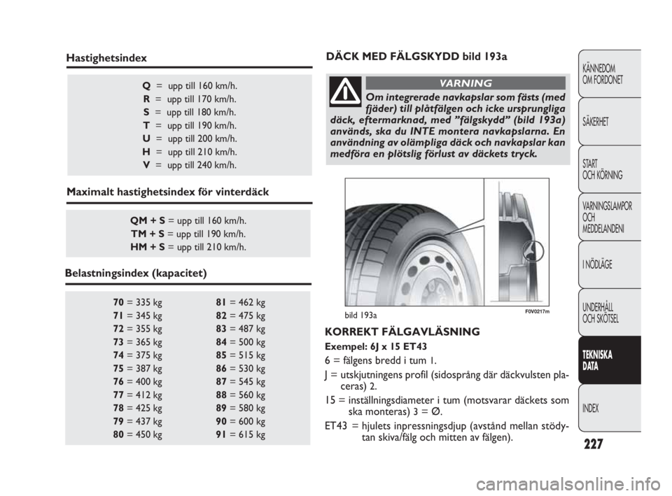 FIAT DOBLO COMBI 2010 Drift- och underhållshandbok (in Swedish) 227
KÄNNEDOM
OM FORDONET
SÄKERHET
STA R T
OCH KÖRNING
VARNINGSLAMPOR
OCH
MEDDELANDENI
I NÖDLÄGE
UNDERHÅLL
OCH SKÖTSEL
TEKNISKA
DATA
INDEX
70= 335 kg 81= 462 kg
71= 345 kg 82= 475 kg
72= FIAT DOBLO COMBI 2010 Drift- och underhållshandbok (in Swedish) 227
KÄNNEDOM
OM FORDONET
SÄKERHET
STA R T
OCH KÖRNING
VARNINGSLAMPOR
OCH
MEDDELANDENI
I NÖDLÄGE
UNDERHÅLL
OCH SKÖTSEL
TEKNISKA
DATA
INDEX
70= 335 kg 81= 462 kg
71= 345 kg 82= 475 kg
72=