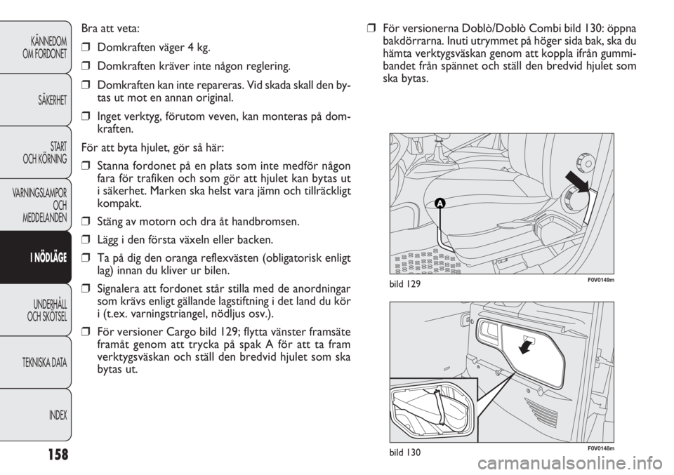 FIAT DOBLO COMBI 2011 Drift- och underhållshandbok (in Swedish) F0V0148mbild 130
F0V0149mbild 129
158
KÄNNEDOM
OM FORDONET
SÄKERHET
START
OCH KÖRNING
VARNINGSLAMPOR
OCH
MEDDELANDEN
I NÖDLÄGE
UNDERHÅLL
OCH SKÖTSEL
TEKNISKA DATA
INDEX
Bra att veta:
❒Domkra FIAT DOBLO COMBI 2011 Drift- och underhållshandbok (in Swedish) F0V0148mbild 130
F0V0149mbild 129
158
KÄNNEDOM
OM FORDONET
SÄKERHET
START
OCH KÖRNING
VARNINGSLAMPOR
OCH
MEDDELANDEN
I NÖDLÄGE
UNDERHÅLL
OCH SKÖTSEL
TEKNISKA DATA
INDEX
Bra att veta:
❒Domkra