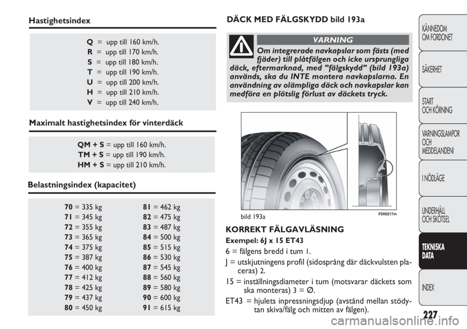FIAT DOBLO COMBI 2011  Drift- och underhållshandbok (in Swedish) 227
KÄNNEDOM
OM FORDONET
SÄKERHET
START 
OCH KÖRNING
VARNINGSLAMPOR
OCH
MEDDELANDENI
I NÖDLÄGE
UNDERHÅLL
OCH SKÖTSEL
TEKNISKA
DATA
INDEX
70= 335 kg 81= 462 kg 
71= 345 kg 82= 475 kg 
72= 355 kg