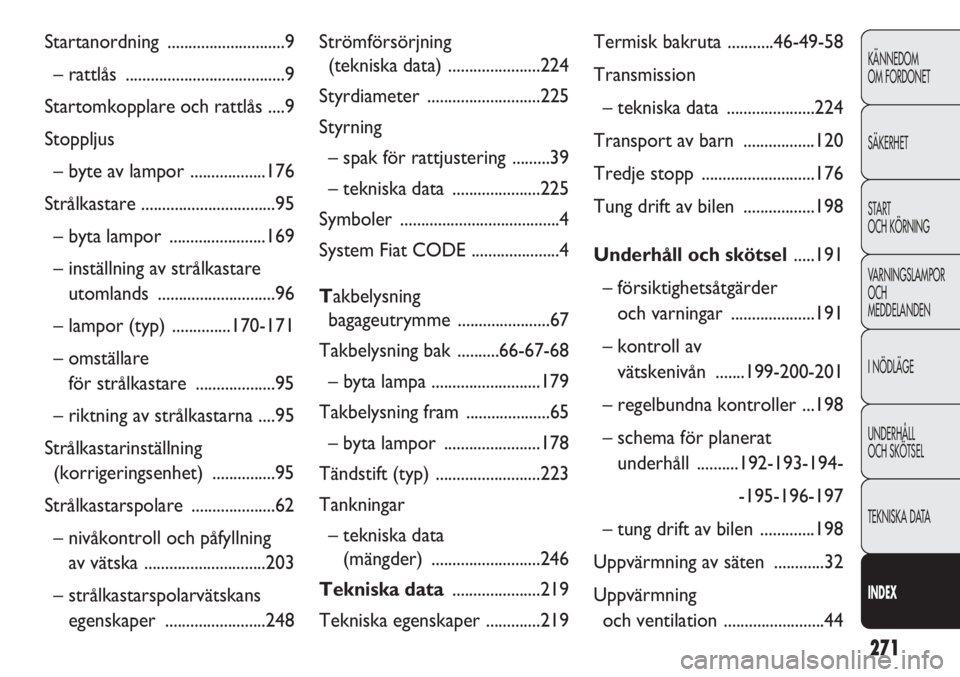 FIAT DOBLO COMBI 2011 Drift- och underhållshandbok (in Swedish) 271
KÄNNEDOM
OM FORDONET
SÄKERHET
START
OCH KÖRNING
VARNINGSLAMPOR
OCH
MEDDELANDEN
I NÖDLÄGE
UNDERHÅLL
OCH SKÖTSEL
TEKNISKA DATA
INDEX
Startanordning ............................9
– rattlås FIAT DOBLO COMBI 2011 Drift- och underhållshandbok (in Swedish) 271
KÄNNEDOM
OM FORDONET
SÄKERHET
START
OCH KÖRNING
VARNINGSLAMPOR
OCH
MEDDELANDEN
I NÖDLÄGE
UNDERHÅLL
OCH SKÖTSEL
TEKNISKA DATA
INDEX
Startanordning ............................9
– rattlås