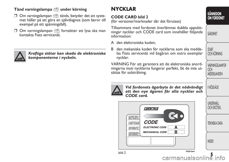 FIAT DOBLO COMBI 2011  Drift- och underhållshandbok (in Swedish) 5
KÄNNEDOM
OM FORDONET
SÄKERHET
START
OCH KÖRNING
VARNINGSLAMPOR
OCH
MEDDELANDEN
INÖDLÄGE
UNDERHÅLL
OCH SKÖTSEL
TEKNISKA DATA
INDEX
NYCKLAR
CODE CARD bild 2
(för versioner/marknader där det f