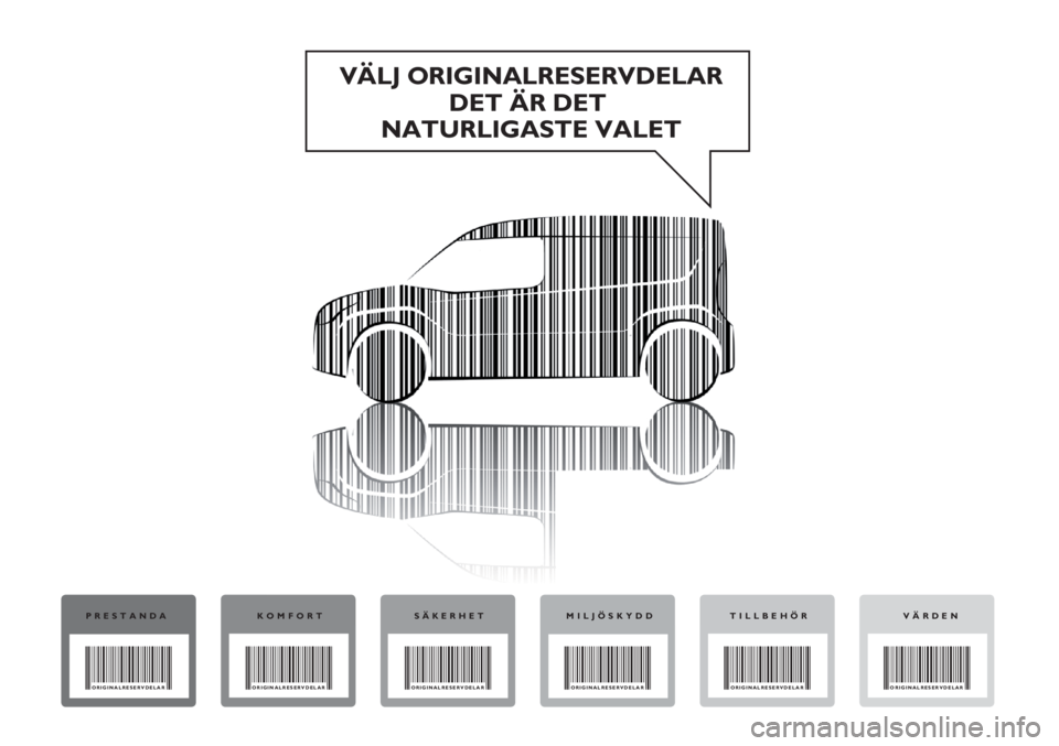 FIAT DOBLO COMBI 2014  Drift- och underhållshandbok (in Swedish) VÄLJ ORIGINALRESERVDELAR
DETÄRDET
NATURLIGASTE VALET
PRESTANDA
ORIGINALRESERVDELAR
KOMFORT
ORIGINALRESERVDELAR
SÄKERHET
ORIGINALRESERVDELAR
MILJÖSKYDD
ORIGINALRESERVDELAR
VÄRDEN
ORIGINALRESERVDEL