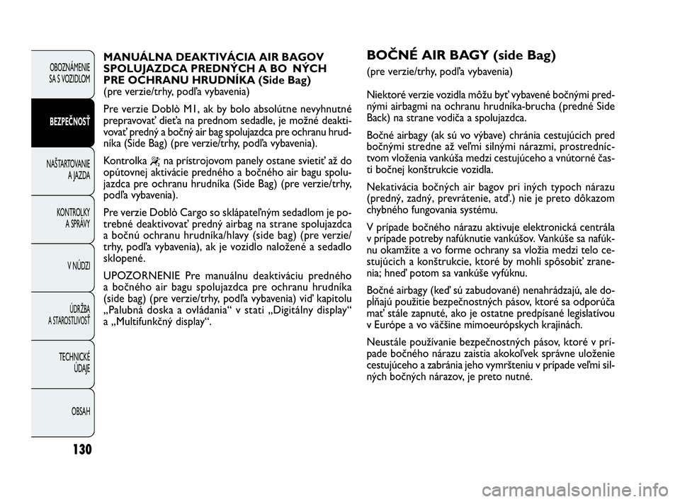 FIAT DOBLO COMBI 2010 Návod na použitie a údržbu (in Slovak) 130
OBOZNÁMENIE
SA S VOZIDLOM
BEZPEČNOSŤ
NAŠTARTOVANIE
A JAZDA
KONTROLKY
A SPRÁVY
V NÚDZI
ÚDRŽBA
A STAROSTLIVOSŤ
TECHNICKÉ
ÚDAJE
OBSAH
MANUÁLNA DEAKTIVÁCIA AIR BAGOV
SPOLUJAZDCA PREDN FIAT DOBLO COMBI 2010 Návod na použitie a údržbu (in Slovak) 130
OBOZNÁMENIE
SA S VOZIDLOM
BEZPEČNOSŤ
NAŠTARTOVANIE
A JAZDA
KONTROLKY
A SPRÁVY
V NÚDZI
ÚDRŽBA
A STAROSTLIVOSŤ
TECHNICKÉ
ÚDAJE
OBSAH
MANUÁLNA DEAKTIVÁCIA AIR BAGOV
SPOLUJAZDCA PREDN