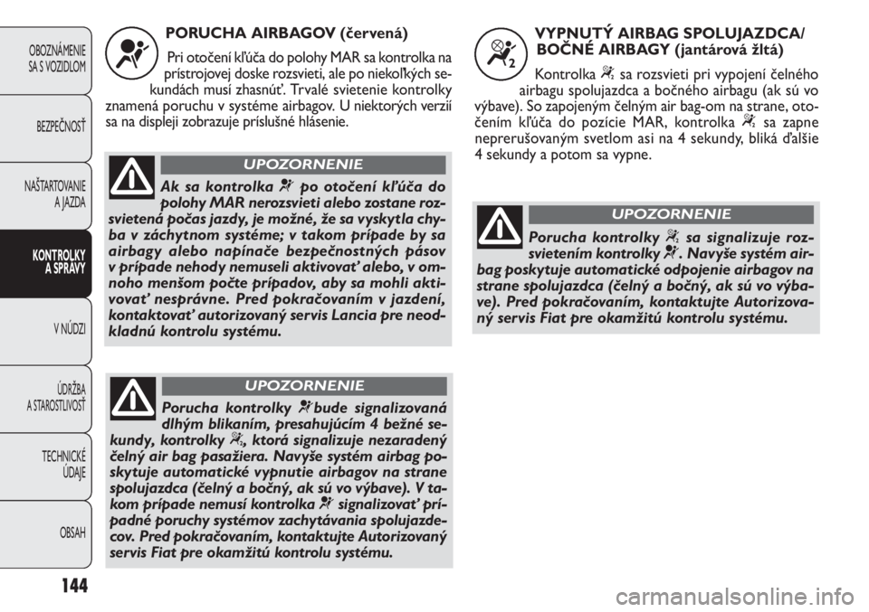 FIAT DOBLO COMBI 2013  Návod na použitie a údržbu (in Slovak) 144
OBOZNÁMENIE
SA S VOZIDLOM
BEZPEČNOSŤ
NAŠTARTOVANIE 
A JAZDA
KONTROLKY 
A SPRÁVY
V NÚDZI
ÚDRŽBA 
A STAROSTLIVOSŤ
TECHNICKÉ 
ÚDAJE
OBSAH
PORUCHA AIRBAGOV (červená)
Pri otočení kľúč