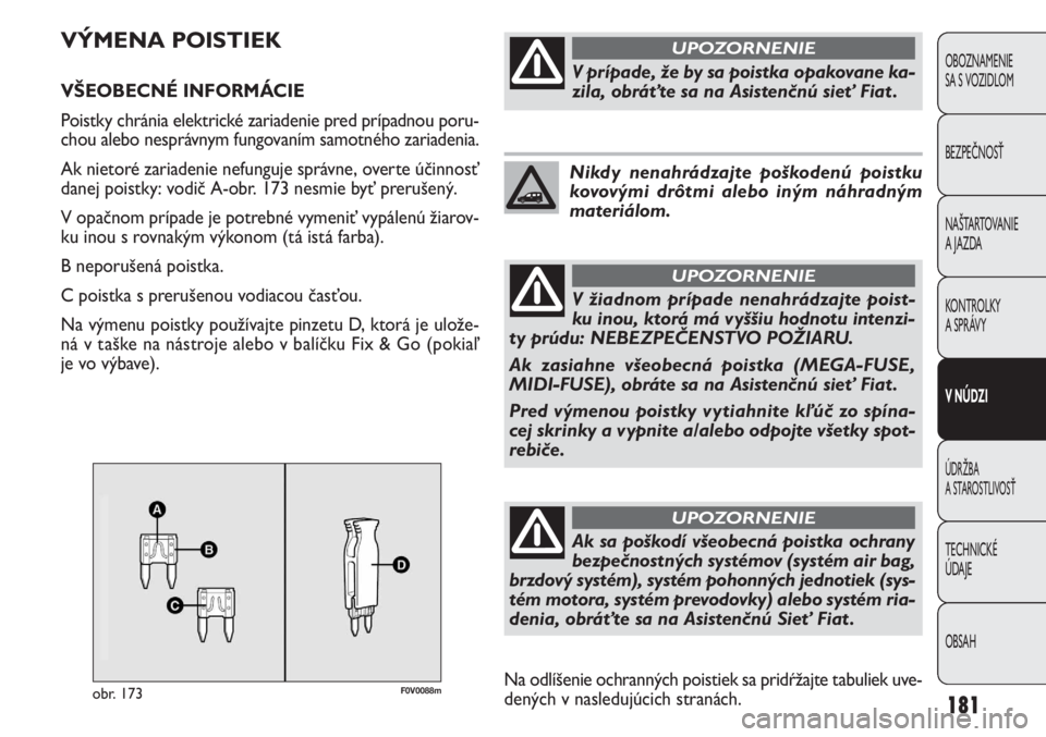 FIAT DOBLO COMBI 2013  Návod na použitie a údržbu (in Slovak) 181
F0V0088mobr. 173
VÝMENA POISTIEK
VŠEOBECNÉ INFORMÁCIE 
Poistky chránia elektrické zariadenie pred prípadnou poru-
chou alebo nesprávnym fungovaním samotného zariadenia.
Ak nietoré zaria