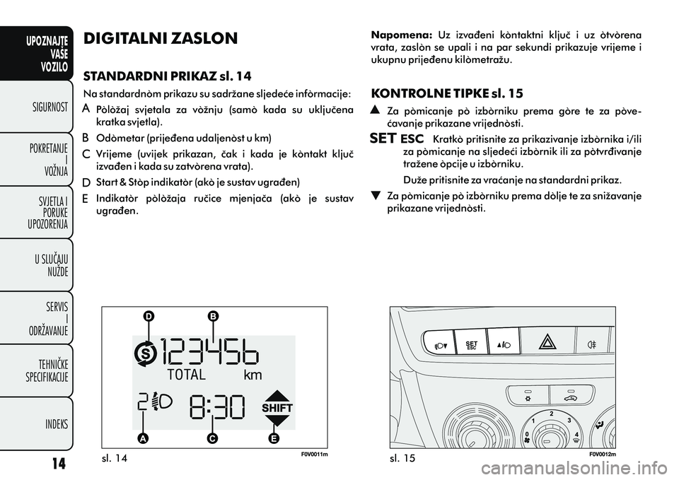 FIAT DOBLO COMBI 2010  Knjižica s uputama za uporabu i održavanje (in Croatian) UPOZNAJTEVAŠE
VOZILO
SIGURNOST
POKRETANJE I
VOŽNJA
SVJETLA I PORUKE
UPOZORENJA
U SLUÈAJU NUŽDE
SERVIS I
ODRŽAVANJE
TEHNIÈKE
SPECIFIKACIJE
INDEKS
sl. 14 sl. 15
DIGITALNI ZASLON
STANDARDNI PRIKAZ 