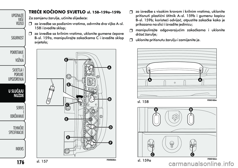 FIAT DOBLO COMBI 2012 Knjižica s uputama za uporabu i održavanje (in Croatian) U SLUÈAJUNUŽDE
SERVISI
ODRŽAVANJE
TEHNIÈKE
SPECIFIKACIJE
INDEKS
UPOZNAJTE
VAÅ E
VOZILO
SVJETLA I
PORUKE
UPOZORENJA
SIGURNOST
POKRETANJE I
VOŽNJA
TREÆE KOÈIONO SVJETLO sl. 158–159a–159b
Za z FIAT DOBLO COMBI 2012 Knjižica s uputama za uporabu i održavanje (in Croatian) U SLUÈAJUNUŽDE
SERVISI
ODRŽAVANJE
TEHNIÈKE
SPECIFIKACIJE
INDEKS
UPOZNAJTE
VAÅ E
VOZILO
SVJETLA I
PORUKE
UPOZORENJA
SIGURNOST
POKRETANJE I
VOŽNJA
TREÆE KOÈIONO SVJETLO sl. 158–159a–159b
Za z