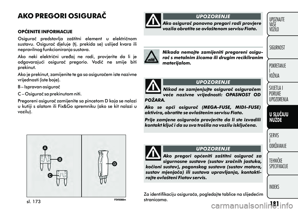 FIAT DOBLO COMBI 2011  Knjižica s uputama za uporabu i održavanje (in Croatian) U SLUÈAJU
NUŽDE
SERVIS
I
ODRŽAVANJETEHNIÈKE
SPECIFIKACIJE
INDEKS UPOZNAJTE
VAŠE
VOZILO
SVJETLA I
PORUKE
UPOZORENJA
SIGURNOST
POKRETANJE
I
VOŽNJA
sl. 173
AKO PREGORI OSIGURAÈ
OPÆENITE INFORMACI