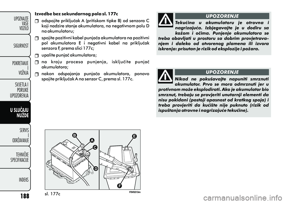 FIAT DOBLO COMBI 2012 Knjižica s uputama za uporabu i održavanje (in Croatian) U SLUÈAJUNUŽDE
SERVISI
ODRŽAVANJE
TEHNIÈKE
SPECIFIKACIJE
INDEKS
UPOZNAJTE
VAŠE
VOZILO
SVJETLA I
PORUKE
UPOZORENJA
SIGURNOST
POKRETANJE I
VOŽNJA
sl. 177c
Izvedbe bez sekundarnog pola sl. 177c
ods FIAT DOBLO COMBI 2012 Knjižica s uputama za uporabu i održavanje (in Croatian) U SLUÈAJUNUŽDE
SERVISI
ODRŽAVANJE
TEHNIÈKE
SPECIFIKACIJE
INDEKS
UPOZNAJTE
VAŠE
VOZILO
SVJETLA I
PORUKE
UPOZORENJA
SIGURNOST
POKRETANJE I
VOŽNJA
sl. 177c
Izvedbe bez sekundarnog pola sl. 177c
ods