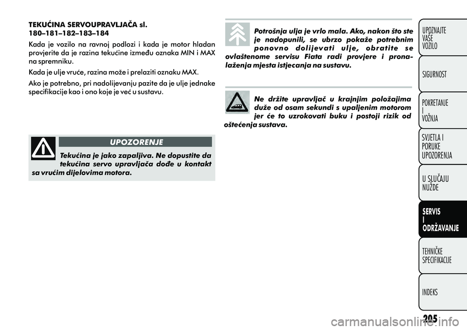 FIAT DOBLO COMBI 2012 Knjižica s uputama za uporabu i održavanje (in Croatian) TEKUÆINA SERVOUPRAVLJAÈA sl.
180–181–182–183–184
Kada je vozilo na ravnoj podlozi i kada je motor hladan
provjerite da je razina tekuæine izmeðu oznaka MIN i MAX
na spremniku. FIAT DOBLO COMBI 2012 Knjižica s uputama za uporabu i održavanje (in Croatian) TEKUÆINA SERVOUPRAVLJAÈA sl.
180–181–182–183–184
Kada je vozilo na ravnoj podlozi i kada je motor hladan
provjerite da je razina tekuæine izmeðu oznaka MIN i MAX
na spremniku.