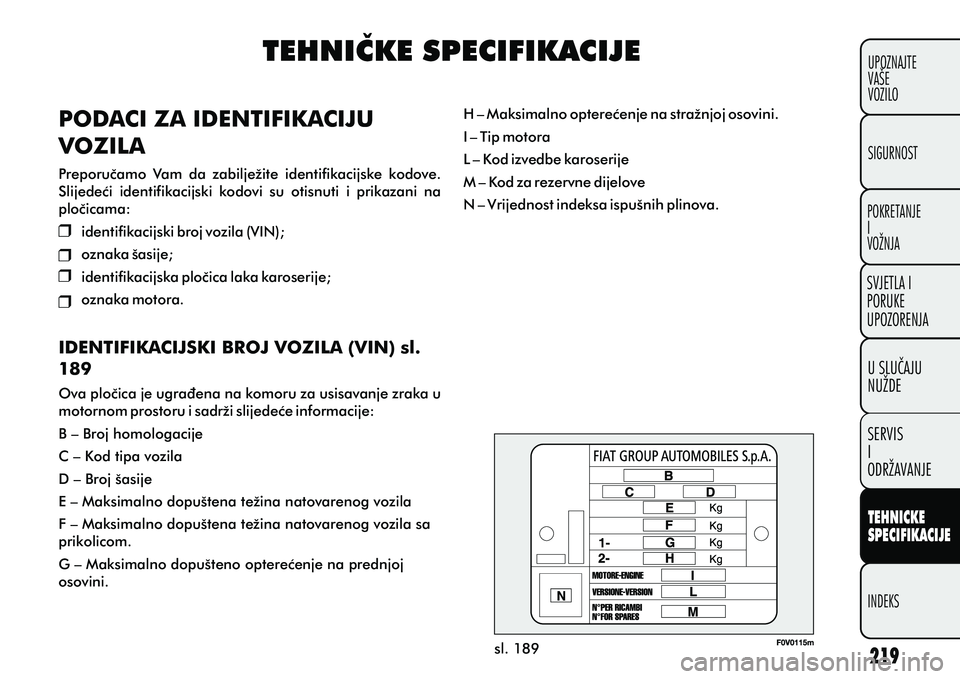 FIAT DOBLO COMBI 2012 Knjižica s uputama za uporabu i održavanje (in Croatian) TEHNIÈKE SPECIFIKACIJE
sl. 189
PODACI ZA IDENTIFIKACIJU
VOZILA
Preporuèamo Vam da zabilježite identifikacijske kodove.
Slijedeæi identifikacijski kodovi su otisnuti i prikazani na
p FIAT DOBLO COMBI 2012 Knjižica s uputama za uporabu i održavanje (in Croatian) TEHNIÈKE SPECIFIKACIJE
sl. 189
PODACI ZA IDENTIFIKACIJU
VOZILA
Preporuèamo Vam da zabilježite identifikacijske kodove.
Slijedeæi identifikacijski kodovi su otisnuti i prikazani na
p