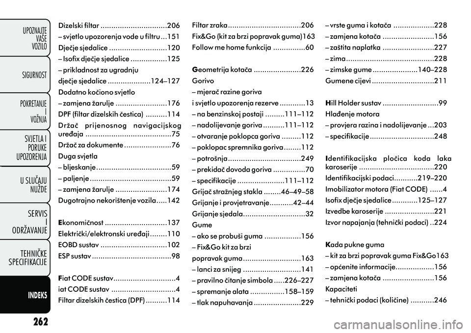 FIAT DOBLO COMBI 2013  Knjižica s uputama za uporabu i održavanje (in Croatian) Dizelski filtar ...............................206
– svjetlo upozorenja vode u filtru ...151
Djeèje sjedalice ...........................120
– Isofix djeèje sjedalice .................125
– pr