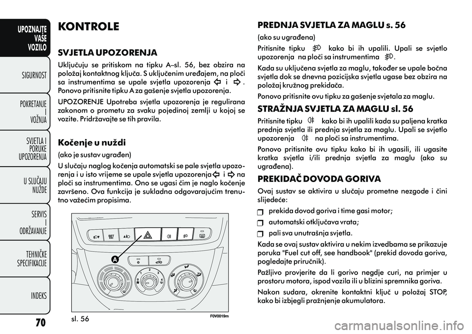 FIAT DOBLO COMBI 2012 Knjižica s uputama za uporabu i održavanje (in Croatian) PREDNJA SVJETLA ZA MAGLU s. 56
(ako su ugraðena)
Pritisnite tipku kako bi ih upalili. Upali se svjetlo
upozorenja na ploèi sa instrumentima .
Kada su ukljuèena svjetla za ma FIAT DOBLO COMBI 2012 Knjižica s uputama za uporabu i održavanje (in Croatian) PREDNJA SVJETLA ZA MAGLU s. 56
(ako su ugraðena)
Pritisnite tipku kako bi ih upalili. Upali se svjetlo
upozorenja na ploèi sa instrumentima .
Kada su ukljuèena svjetla za ma