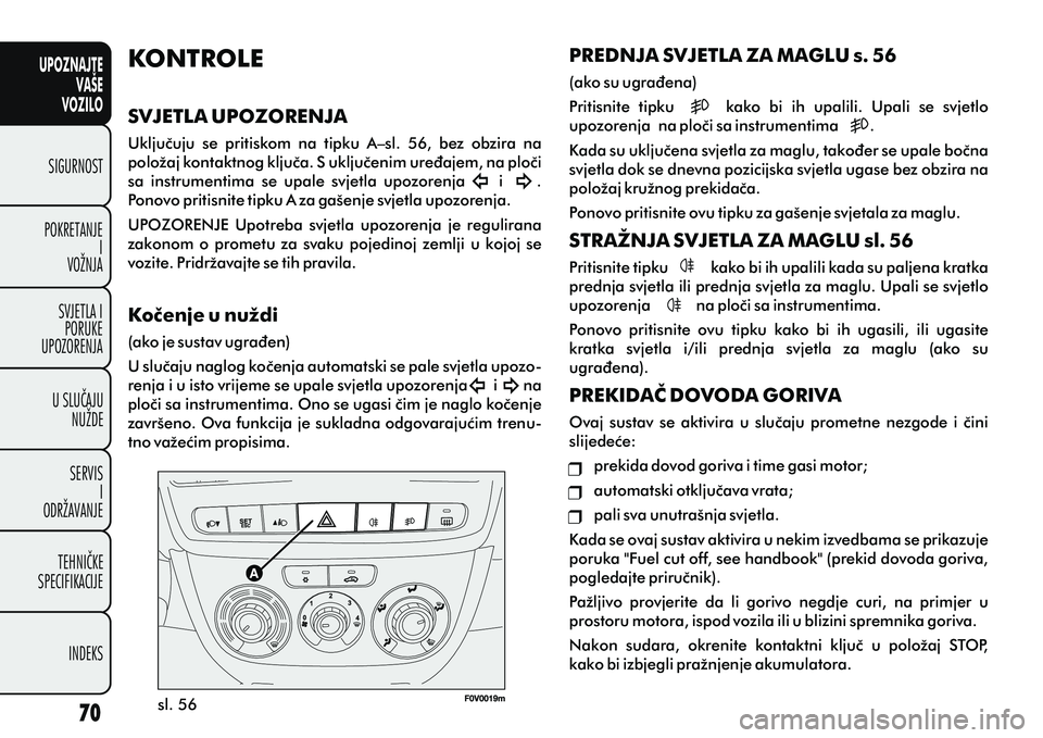 FIAT DOBLO COMBI 2014  Knjižica s uputama za uporabu i održavanje (in Croatian) PREDNJA SVJETLA ZA MAGLU s. 56
(ako su ugraðena)
Pritisnite  tipku          kako  bi  ih  upalili.  Upali  se  svjetlo 
upozorenja  na ploèi sa instrumentima       .
Kada su ukljuèena svjetla za ma