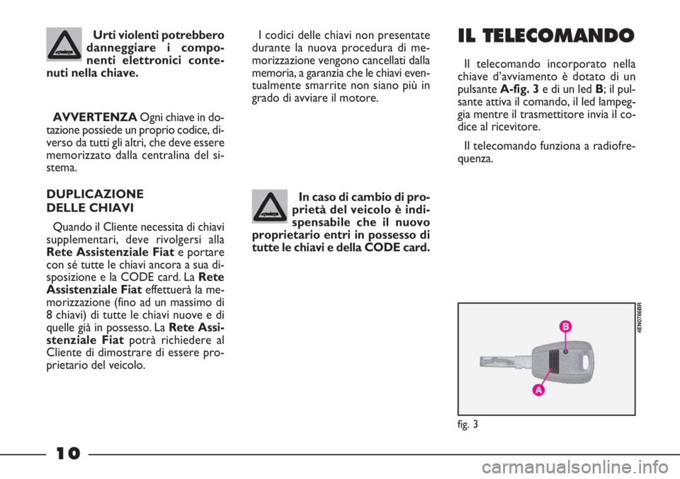 FIAT STRADA 2009  Libretto Uso Manutenzione (in Italian) 10
Urti violenti potrebbero
danneggiare i compo-
nenti elettronici conte-
nuti nella chiave.
AVVERTENZAOgni chiave in do-
tazione possiede un proprio codice, di-
verso da tutti gli altri, che deve ess