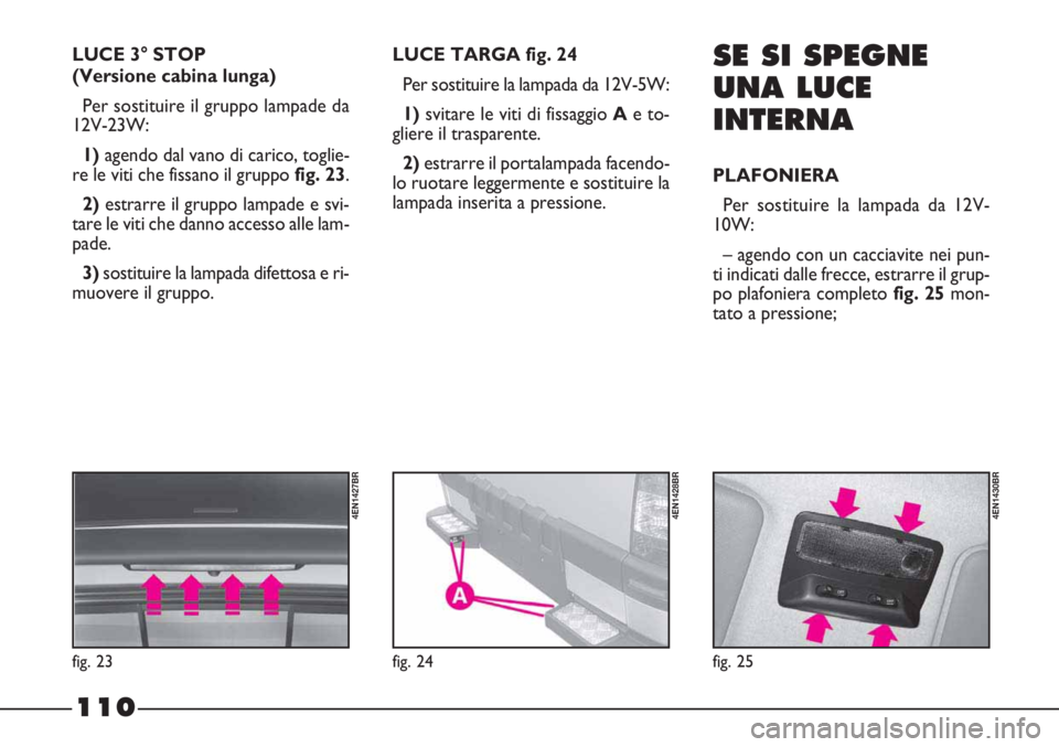 FIAT STRADA 2010  Libretto Uso Manutenzione (in Italian) 110
fig. 24
4EN1428BR
fig. 25
4EN1430BR
fig. 23
4EN1427BR
LUCE 3° STOP 
(Versione cabina lunga)
Per sostituire il gruppo lampade da
12V-23W:
1)agendo dal vano di carico, toglie-
re le viti che fissan