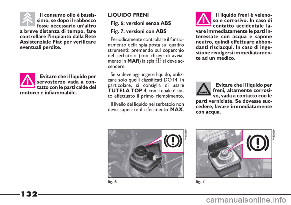 FIAT STRADA 2010  Libretto Uso Manutenzione (in Italian) 132
Evitare che il liquido per
servosterzo vada a con-
tatto con le parti calde del
motore: è infiammabile.Il consumo olio è bassis-
simo; se dopo il rabbocco
fosse necessario un’altro
a breve dis