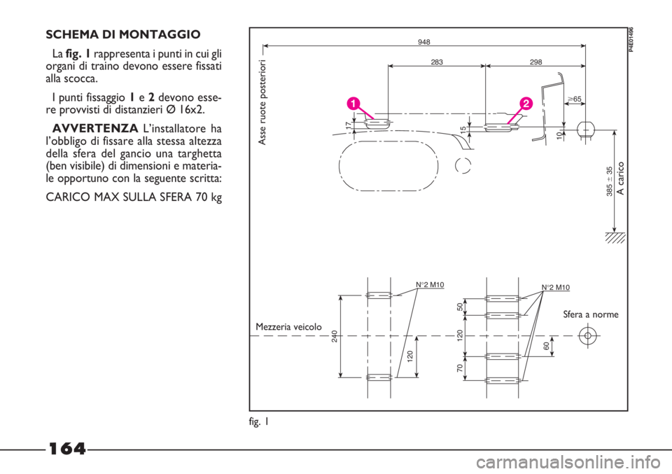 FIAT STRADA 2010  Libretto Uso Manutenzione (in Italian) 164
SCHEMA DI MONTAGGIO
Lafig. 1rappresenta i punti in cui gli
organi di traino devono essere fissati
alla scocca.
I punti fissaggio 1e 2devono esse-
re provvisti di distanzieri Ø 16x2.
AVVERTENZAL
