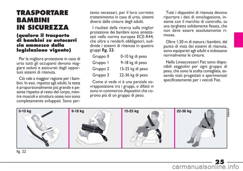 FIAT STRADA 2009  Libretto Uso Manutenzione (in Italian) 25
TRASPORTARE
BAMBINI
IN SICUREZZA
(qualora il trasporto 
di bambini su autocarri
sia ammesso dalla
legislazione vigente)
Per la migliore protezione in caso di
urto tutti gli occupanti devono viag-
g