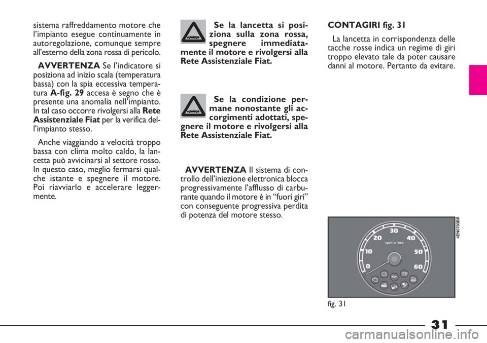 FIAT STRADA 2011  Libretto Uso Manutenzione (in Italian) 31
sistema raffreddamento motore che
l’impianto esegue continuamente in
autoregolazione, comunque sempre
all’esterno della zona rossa di pericolo.
AVVERTENZA Se l’indicatore si
posiziona ad iniz