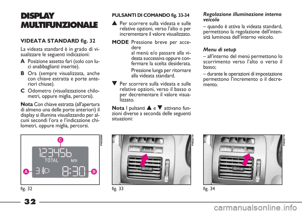 FIAT STRADA 2011  Libretto Uso Manutenzione (in Italian) 32
Regolazione illuminazione interno 
veicolo
– quando è attiva la videata standard,
permettono la regolazione dell’inten-
sità luminosa dell’interno veicolo.
Menu di setup
– all’interno d