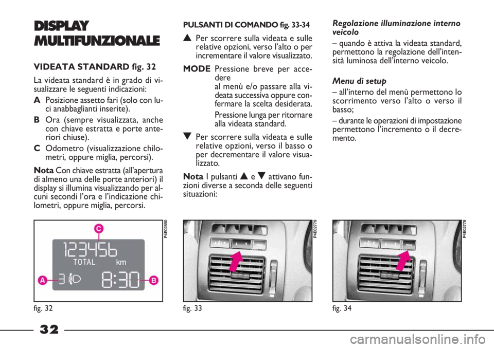 FIAT STRADA 2010 Libretto Uso Manutenzione (in Italian) 32
Regolazione illuminazione interno
veicolo
– quando è attiva la videata standard,
permettono la regolazione dell’inten-
sità luminosa dell’interno veicolo.
Menu di setup
– all’interno d FIAT STRADA 2010 Libretto Uso Manutenzione (in Italian) 32
Regolazione illuminazione interno
veicolo
– quando è attiva la videata standard,
permettono la regolazione dell’inten-
sità luminosa dell’interno veicolo.
Menu di setup
– all’interno d