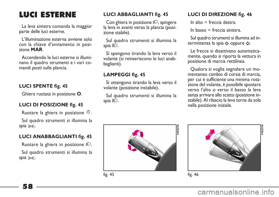 FIAT STRADA 2010  Libretto Uso Manutenzione (in Italian) 58
LUCI ESTERNE
La leva sinistra comanda la maggior
parte delle luci esterne.
L’illuminazione esterna avviene solo
con la chiave d’avviamento in posi-
zione MAR.
Accendendo le luci esterne si illu