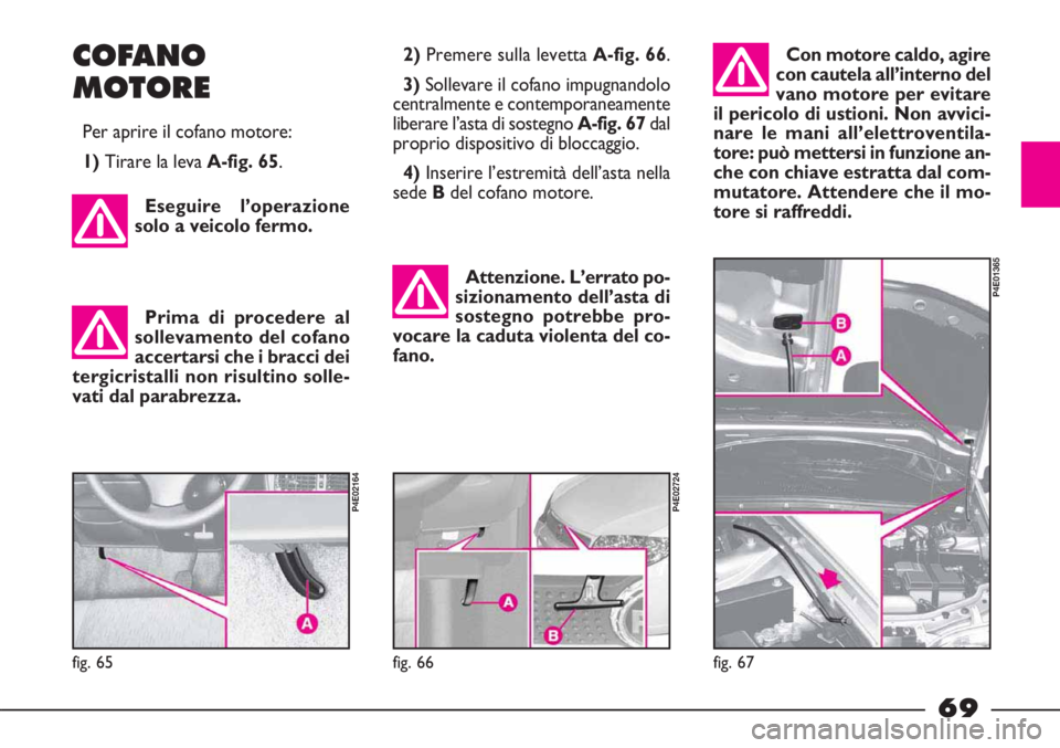 FIAT STRADA 2010  Libretto Uso Manutenzione (in Italian) 69
Eseguire l’operazione
solo a veicolo fermo.
Prima di procedere al
sollevamento del cofano
accertarsi che i bracci dei
tergicristalli non risultino solle-
vati dal parabrezza.
fig. 65
P4E02164
COF