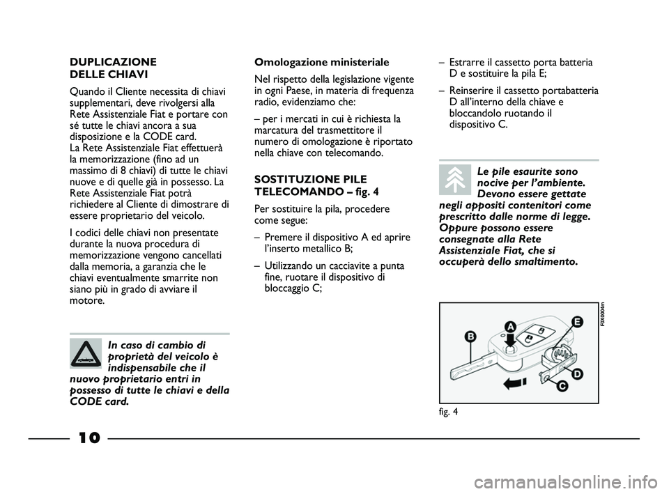 FIAT STRADA 2013  Libretto Uso Manutenzione (in Italian) 10
DUPLICAZIONE 
DELLE CHIAVI
Quando il Cliente necessita di chiavi
supplementari, deve rivolgersi alla
Rete Assistenziale Fiat e portare con
sé tutte le chiavi ancora a sua
disposizione e la CODE ca